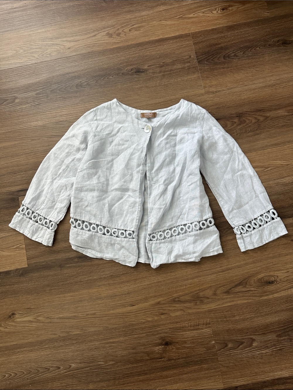 Carla Conti Linen Jacket Gray Small Crochet Lace Italy Lagenlook Artsy Boho Crop